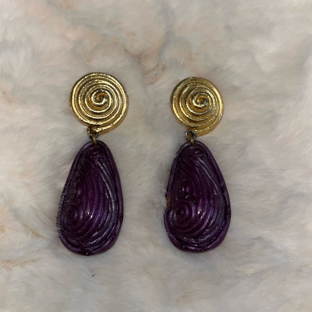 Studded, purple and gold dangle earrings